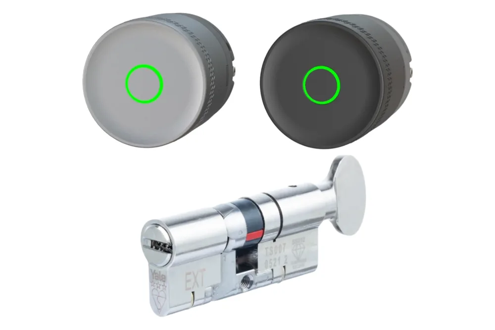 Yale Linus L2 Lite smart lock in silver and black, shown with a 3-star euro cylinder